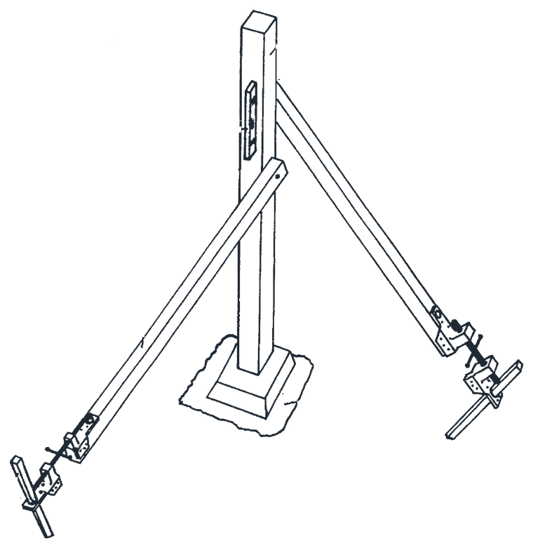 Drawing of two Scroogeclamp braces on 2x4 extensions plumbing a post set in a footing, with a level on the post
